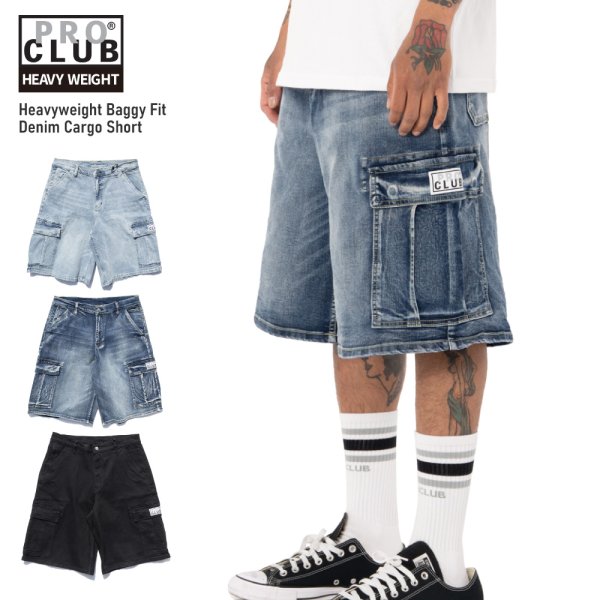 画像1: PRO CLUB プロクラブ 【Baggy Denim Cargo Short】 ジーンズ デニム バギーパンツ カーゴパンツ ハーフパンツ ヘビーウェイト ウォッシュ加工 大きいサイズ メンズ (1)