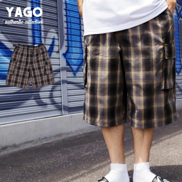 画像1: 【L 〜 5XL】 YAGO  カーゴショートパンツ 【 カーキ×ブラック 14AB 】 チェック ハーフパンツ チカーノ ローライダー (1)