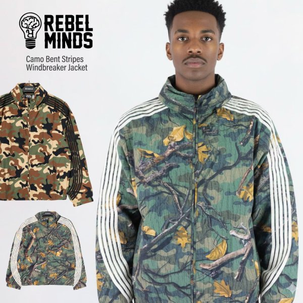 画像1: REBEL MINDS レベル マインズ 【Camo Bent Stripes Windbreaker Jacket】 迷彩 カモフラ ジャケット アウター ナイロンジャケット ウィンドブレーカー アウトドア 大きいサイズ (1)