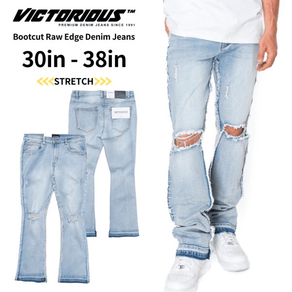 画像1: VICTORIOUS ヴィクトリアス 【Bootcut Raw Edge Denim Jeans ブーツカットデニムパンツ】 ダメージ デニムパンツ ブーツカットデニム ロングパンツ スリム 伸縮 ストレッチパンツ メンズ ズボン (1)