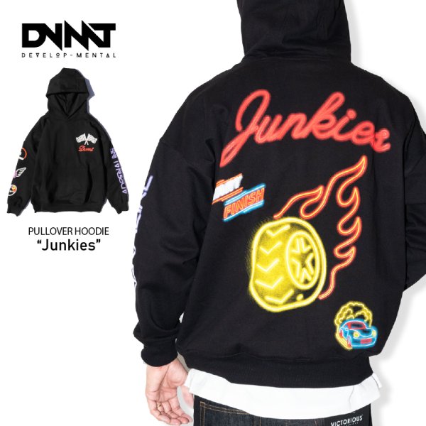 画像1: DVMT【 オーバーサイズプルオーバー Junkies 】 パーカー プルオーバー 長袖 大きいサイズ メンズ ネオンカラー HIPHOP WESTCOAST カリフォルニア 西海岸 (1)